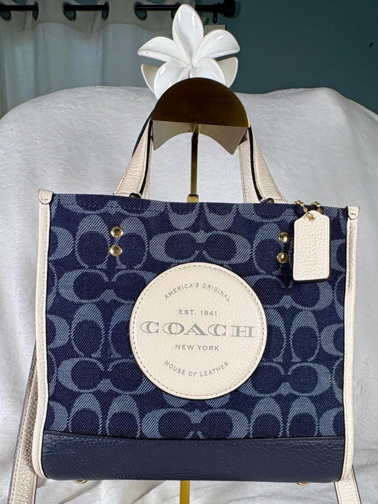 Coach Dempsey Tote 22 Logo Studded Tote In Navy/Ivory With Detachable Crossbody